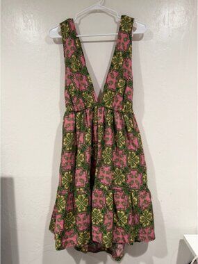 House of Harlow 1960 Pink Green Linen Blend Deep V-Neck Tiered Mini Dress Medium